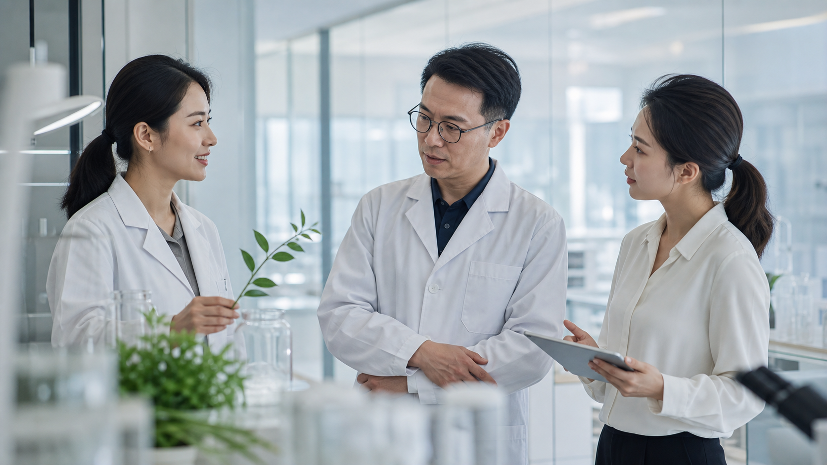 三位身穿白色实验服的研究人员交流