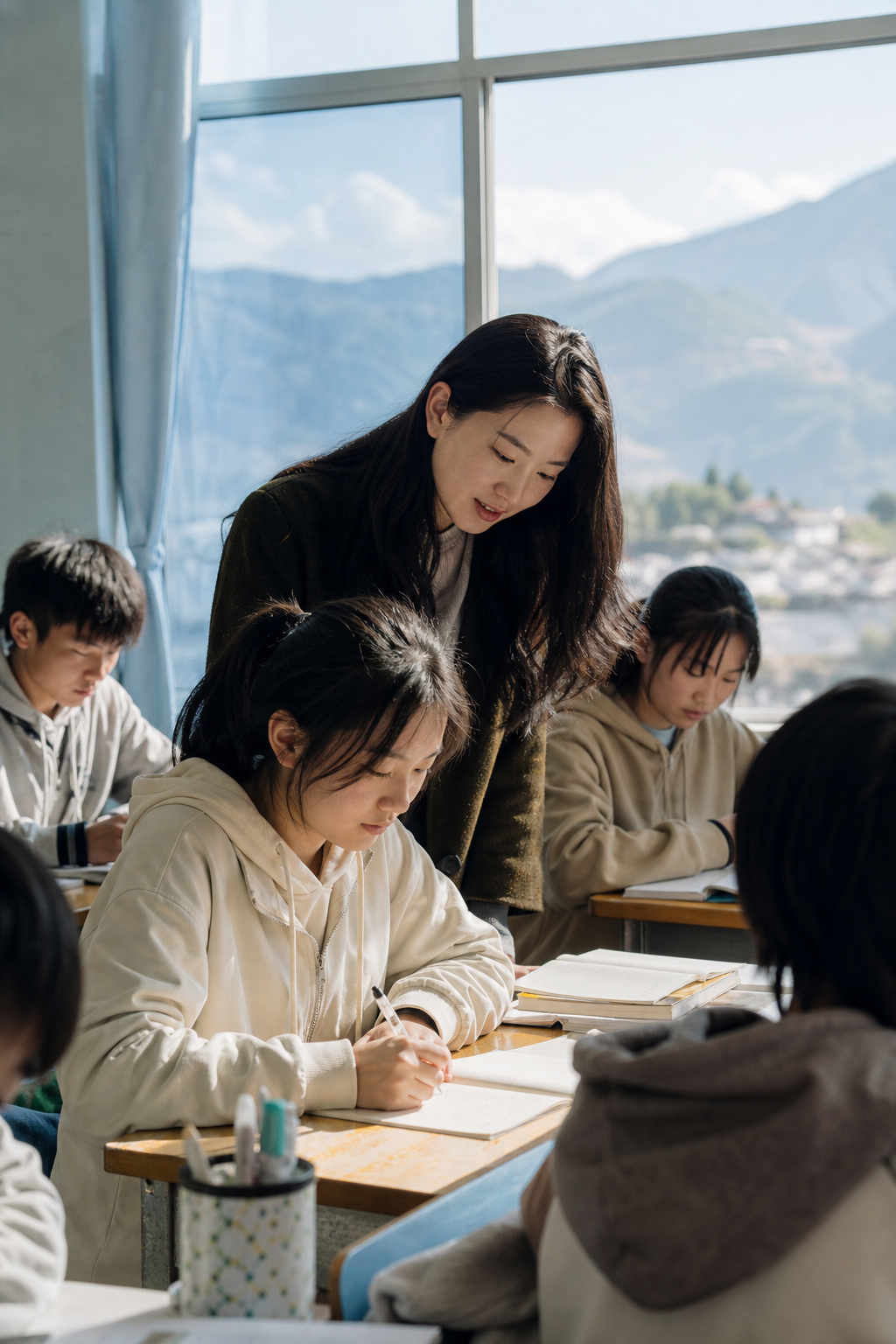 教室中教师辅导学生学习